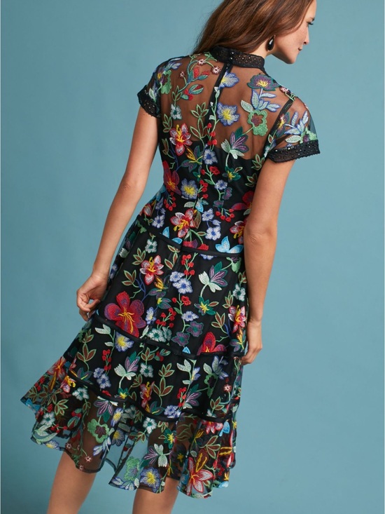 Vone Dresses & Skirts - Black Floral Embroidered Mesh Midi Dress with Multicolor Blooms